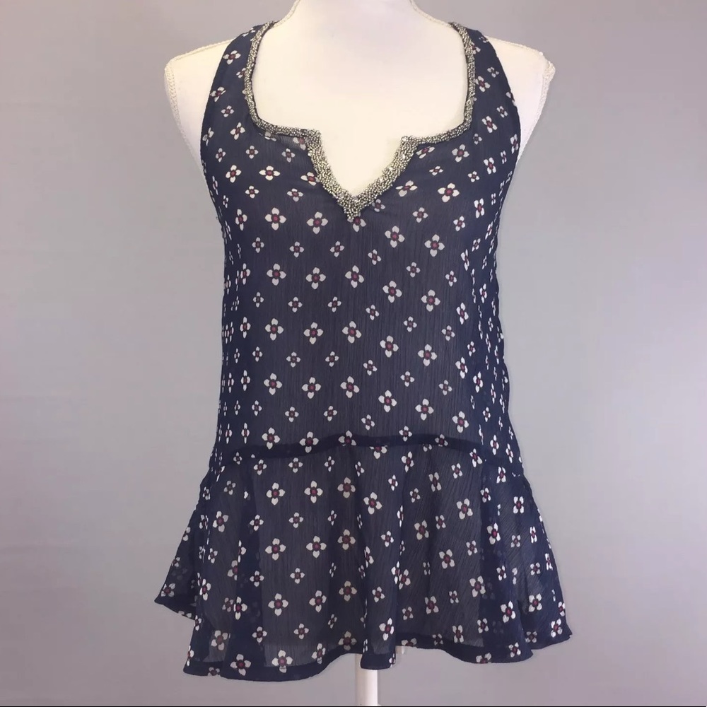 Navy blue floral beaded sheer v Neck top blouse